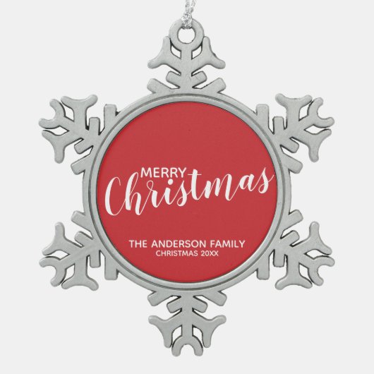 『メリークリスマス』フェスティバルレッド スノーフレークピューターオーナメント (正面)