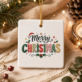 メリークリスマス フェスティブ タイポグラフィー 陶器 セラミックオーナメント