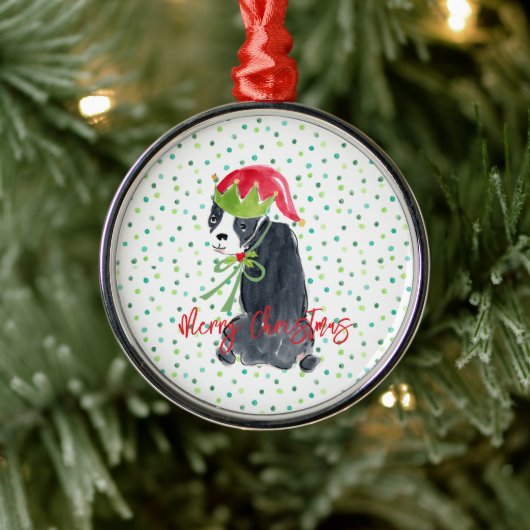 メリークリスマス フレンチブルドッグ ホリー ハット フェスティブ メタルオーナメント (ツリー)