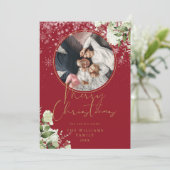 メリークリスマス フローラル スノー ゴールド アンド レッド フォト シーズンカード (スタンド正面)