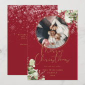 メリークリスマス フローラル スノー ゴールド アンド レッド フォト シーズンカード (正面/裏面)