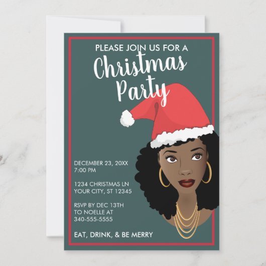 メリークリスマス!ブラックウーマンサンタハット、ティール（緑がかった色）&レッド (正面)