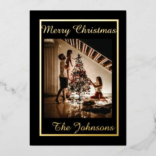 メリークリスマス ブラック ゴールド シンプル モダン フォト フォ 箔シーズンカード (正面)