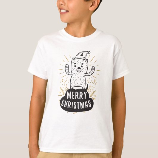 メリークリスマス ベア 黒 金 カートゥーン 面白い Tシャツ (正面)