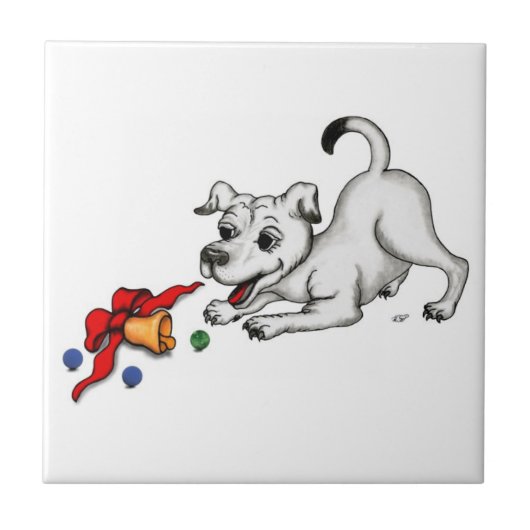 メリークリスマス!ベルとボールで子犬 タイル (正面)