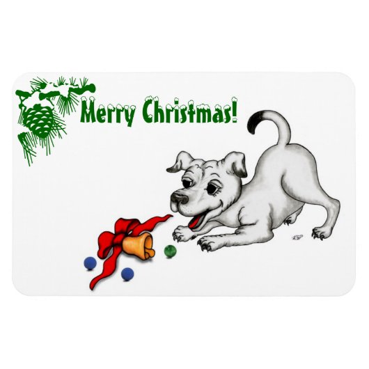 メリークリスマス！ベルとボールで子犬 マグネット (横)