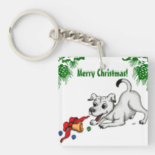 メリークリスマス!ベルとボールを持つ子犬 キーホルダー
