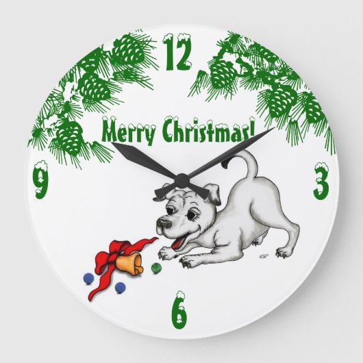 メリークリスマス!ベルとボールを持つ子犬 ラージ壁時計 (正面)
