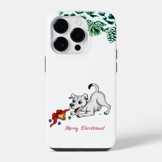 メリークリスマス！ベルとボールを持つ子犬 iPhoneケース (裏面)