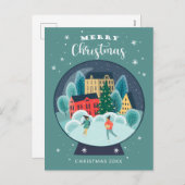 メリークリスマス |ホリデースケーター雪の球体 シーズンポストカード (正面/裏面)