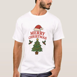 メリークリスマス ホリデーツリー & サンタ帽子 フェスティブ Tシャツ
