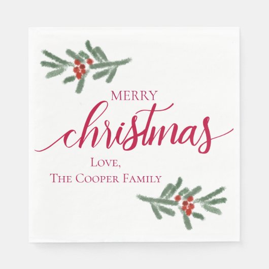 メリークリスマス – ホリーベリー、スプルース スタンダードランチョンナプキン (正面)