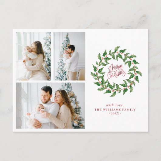 メリークリスマス |ホリーベリー | 3枚の写真 ポストカード (正面)