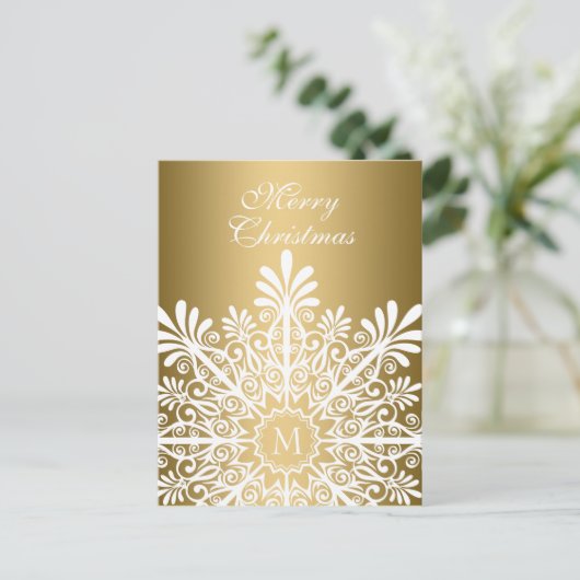 メリークリスマス – ホワイト&金ゴールドスノーフレーク シーズンポストカード (スタンド正面)