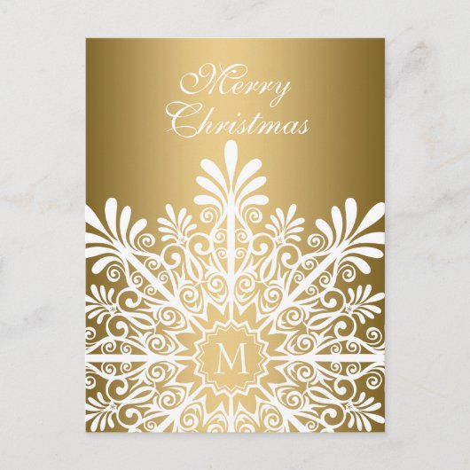 メリークリスマス – ホワイト&金ゴールドスノーフレーク シーズンポストカード (正面)
