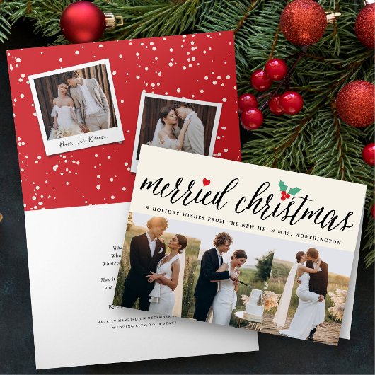 メリークリスマス・ホーリーミスルトー3枚の写真の結婚式 シーズンカード
