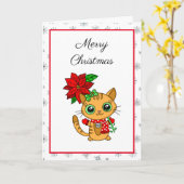 メリークリスマス | ポインセチアとオレンジ色の猫 カード (黄色い花)