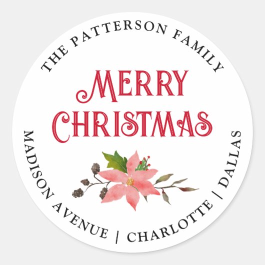 メリークリスマス |ポインセチア差出人住所フローラ ラウンドシール (正面)