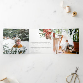 メリークリスマス ポインセチア 松 3 フォト ウォーターカラー 三つ折りクリスマスカード