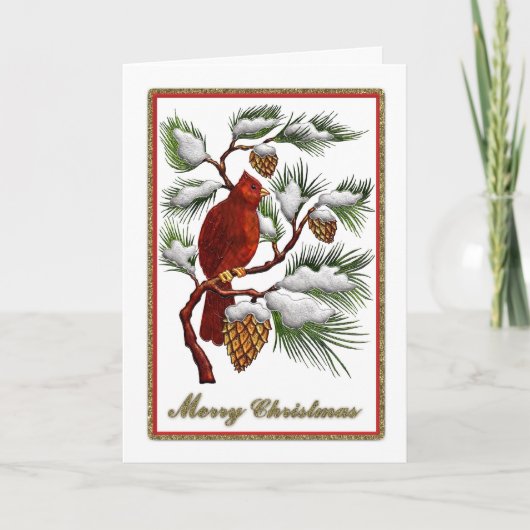 メリークリスマス-マツ円錐形を持つ赤い（鳥）ショウジョウコウカンチョウ シーズンカード (正面)