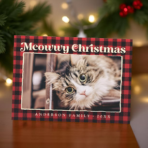 メリークリスマス モダンなチェック柄 おもしろいペット猫の写真 シーズンカード