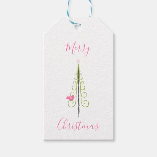 メリークリスマス – モダンクリスマスツリーズピンクティール（緑がかった色） ギフトタグ (正面)