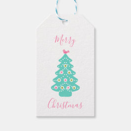 メリークリスマス – モダンクリスマスツリーズピンクティール（緑がかった色） ギフトタグ