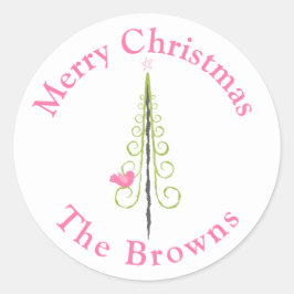メリークリスマス – モダンクリスマスツリーズピンクティール（緑がかった色） ラウンドシール