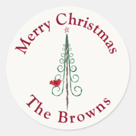 メリークリスマス – モダンクリスマスツリーレッドグリーン ラウンドシール