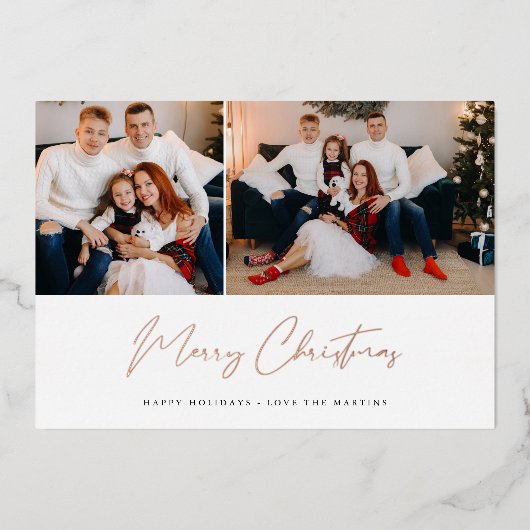 メリークリスマス モダンスクリプト 2枚の写真入りカード 箔招待状 (正面)