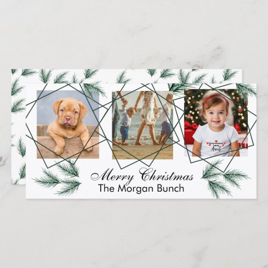 メリークリスマス モダン ピニーネードル 3 フォト コラージュ シーズンカード (正面/裏面)
