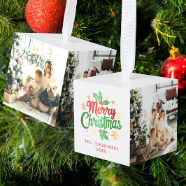 メリークリスマス モダン ファミリー 3 写真の記念品 キューブオーナメント