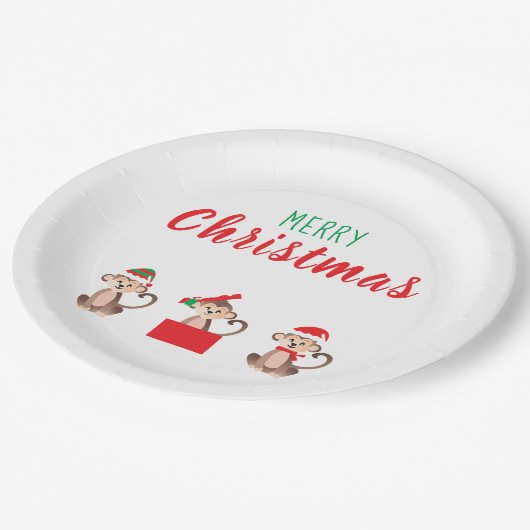 メリークリスマス・モンキーズのクリスマス帽子 ペーパープレート (アングル)