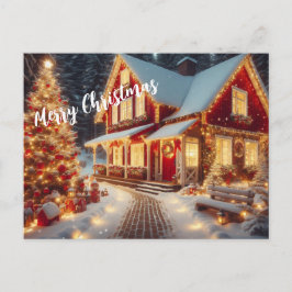 メリークリスマス ライトアップされたお家とクリスマスツリー ポストカード