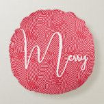 メリークリスマス ラウンドクッション<br><div class="desc">白いメリー四角とドットのパターンにシックな白いスクリプトでは、この丸い赤い枕は休日のためにあなたの家に飾最適です。私たちの店のマッチングアイテム。</div>