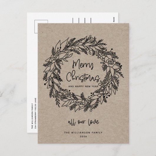 メリークリスマス ラスティックホリデー リース クラフトカード シーズンポストカード (正面/裏面)