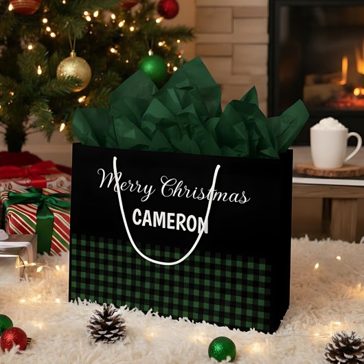 メリークリスマス ラスティック グリーン＆ブラック バッファロー プラッド ラージペーパーバッグ