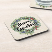 メリークリスマス – リース – 手絵を描水色 コースター (左側)