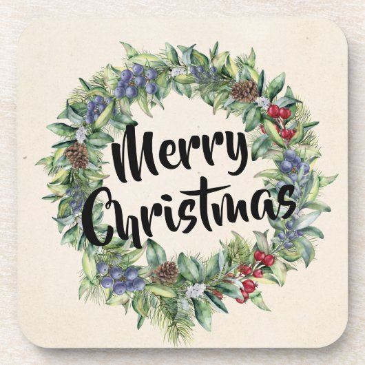 メリークリスマス – リース – 手絵を描水色 コースター (正面)