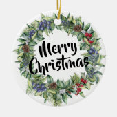 メリークリスマス – リース – 手絵を描水色 セラミックオーナメント (正面)