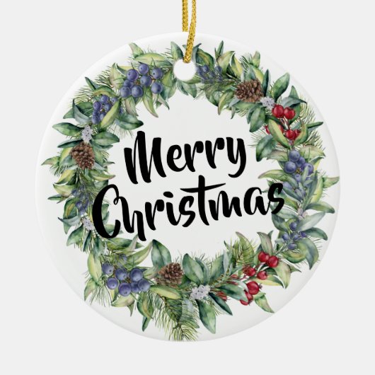 メリークリスマス – リース – 手絵を描水色 セラミックオーナメント (正面)