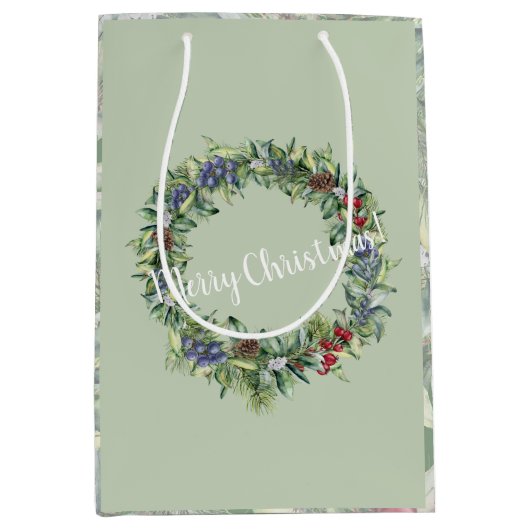 メリークリスマス – リース – 手絵を描水色 ミディアムペーパーバッグ (正面)