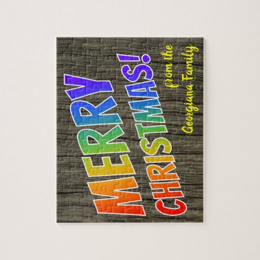 「メリークリスマス!」レインボー文字フェイクウッドルック ジグソーパズル (縦)