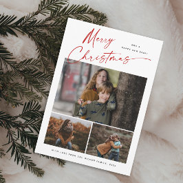 メリークリスマス レッドスクリプト 3枚の写真コラージュ シーズンカード