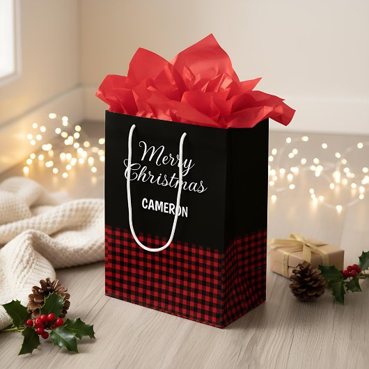 メリークリスマス レッド&ブラック バッファロー プラッド クリスマス柄 ミディアムペーパーバッグ