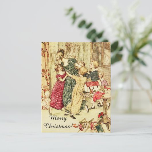 メリークリスマス、ヴィンテージの女性と子供の踊り シーズンポストカード (スタンド正面)