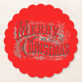 メリークリスマス – ヴィンテージスタイルブラックオンレッド | ペーパーコースター (正面)