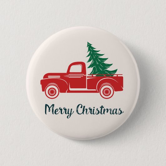 メリークリスマス |ヴィンテージレッドピックアップトラック 缶バッジ (正面)