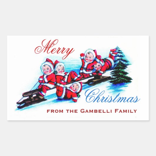 メリークリスマス – ヴィンテージ小妖精や小人ズスリーin雪 長方形シール (正面)