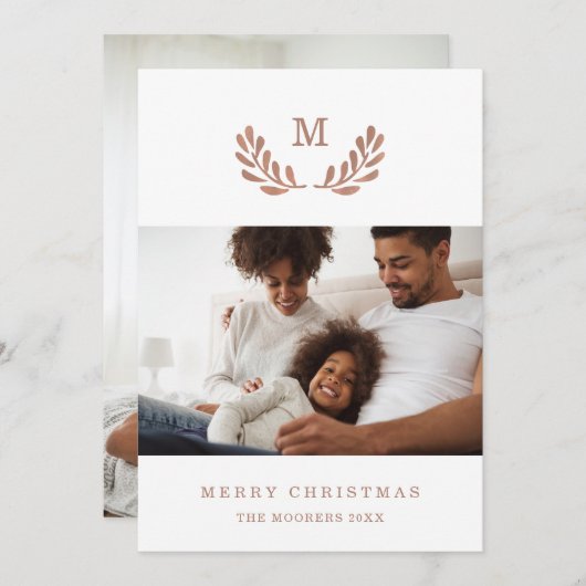 メリークリスマス |写真とバラのフェイク金ゴールドリース シーズンカード (正面/裏面)